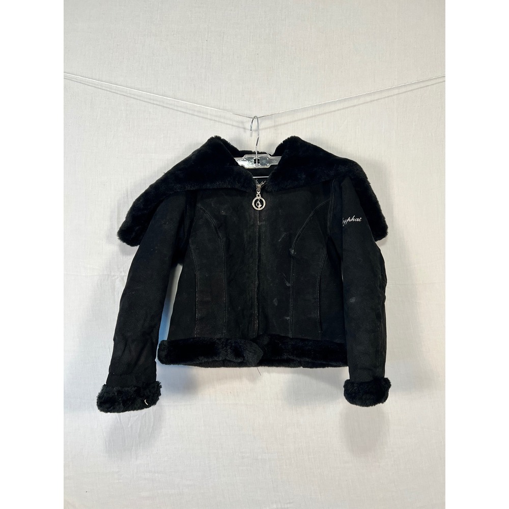 Baby Phat Black Faux Suede Fur Trim Cropped Jacket Zip Collar Cat Logo Medium